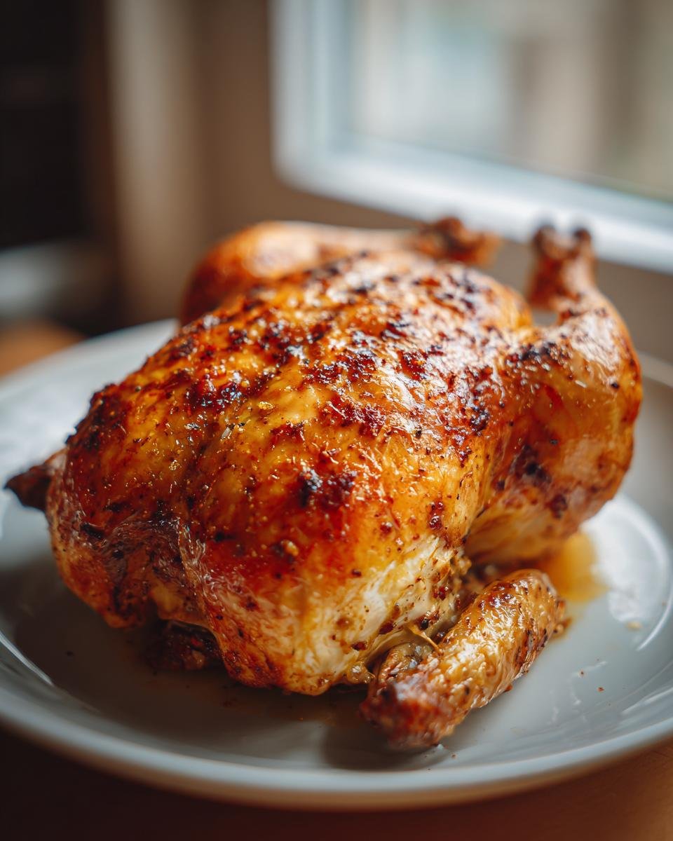 Whole roasted Melt In Your Mouth Chicken on a plate, featuring golden-brown skin and juicy appearance.