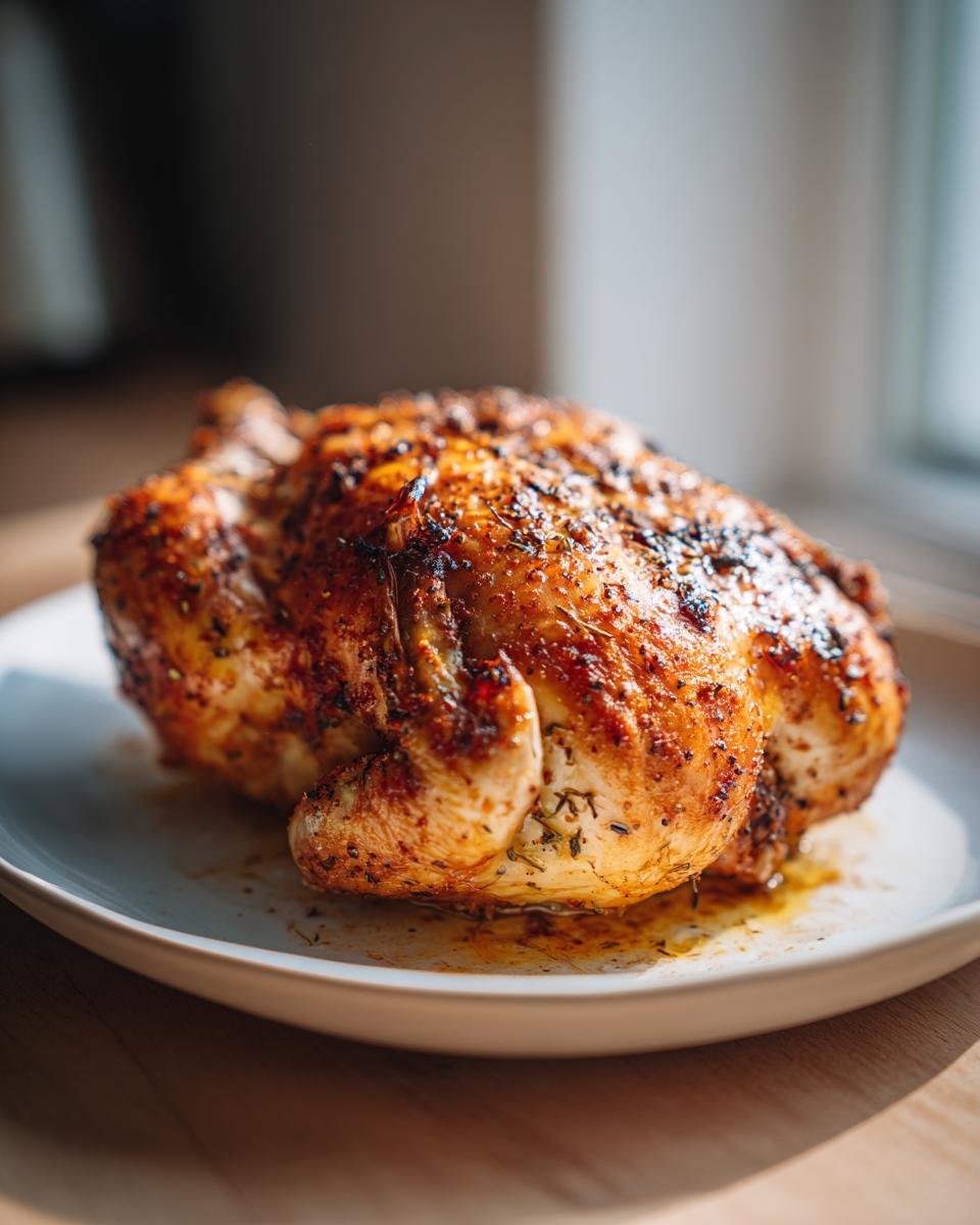 A whole roasted Melt In Your Mouth Chicken on a white plate, showcasing its crispy skin and juicy appearance.