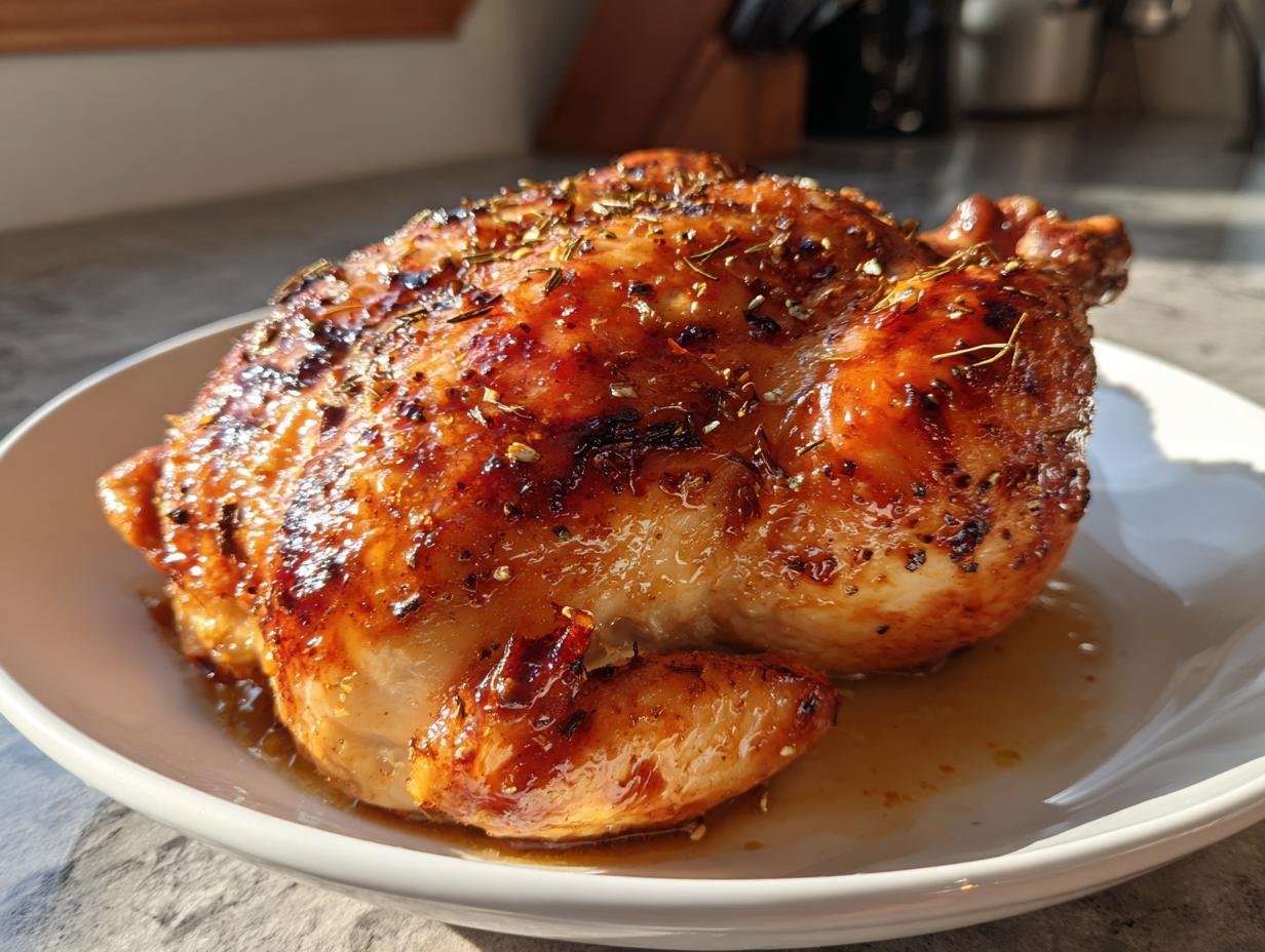 A whole, roasted Melt In Your Mouth Chicken, seasoned with herbs, sits on a white plate.