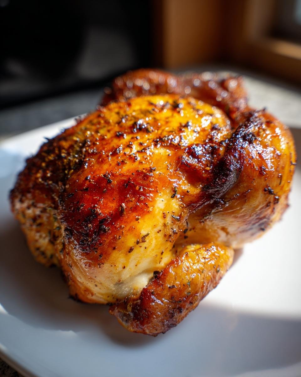 A perfectly roasted, golden brown Melt In Your Mouth Chicken on a white plate, ready to be served.