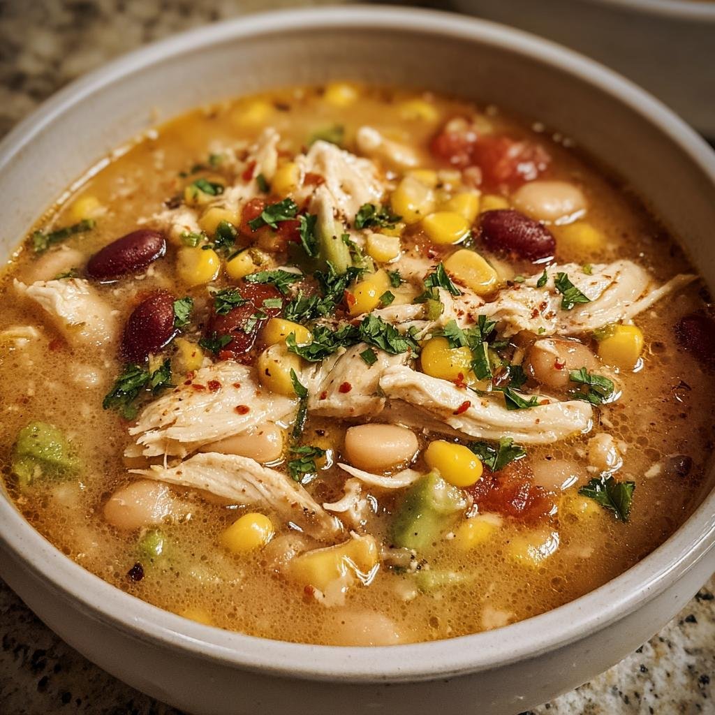A bowl of hearty Mexican Corn Chicken Chili with shredded chicken, corn, beans, and herbs.