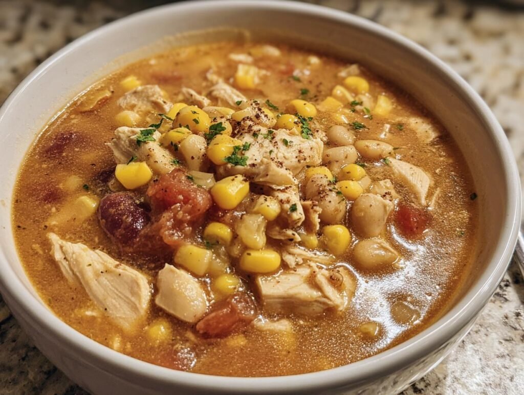 A close-up of a bowl of Mexican Corn Chicken Chili, featuring chicken, corn, beans, and tomatoes.