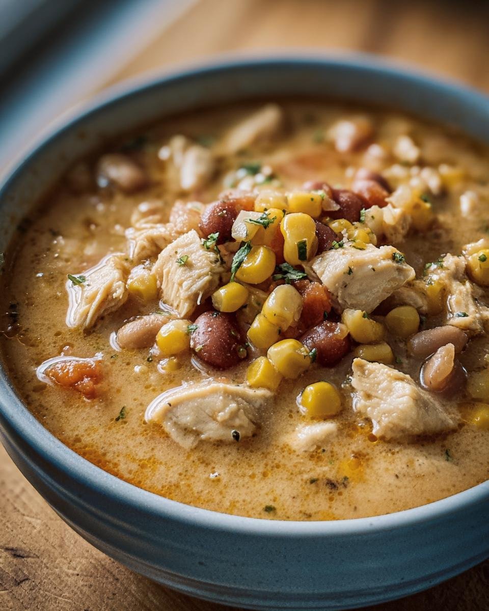 Close-up of a bowl of Mexican Corn Chicken Chili with corn, beans, and chicken.