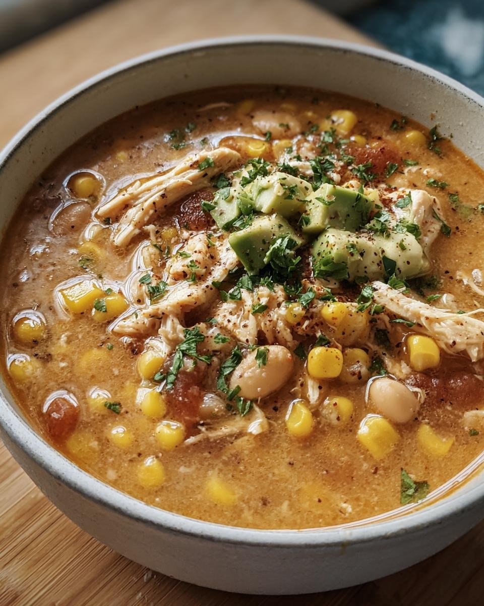 A bowl of Mexican Corn Chicken Chili topped with avocado and parsley.