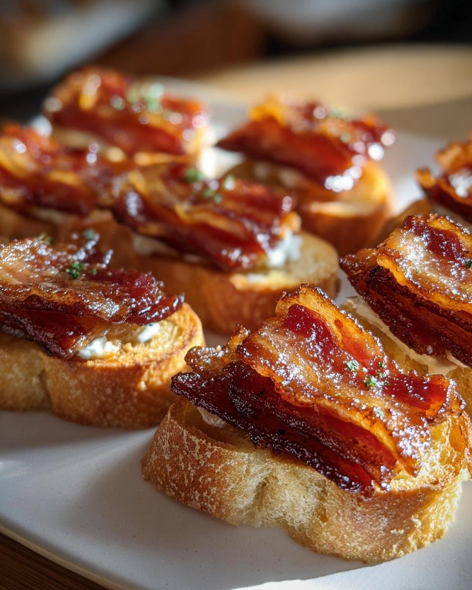 Close-up of Million Dollar Bacon Crostini appetizers on a white plate, featuring crispy bacon on toasted bread with creamy spread.