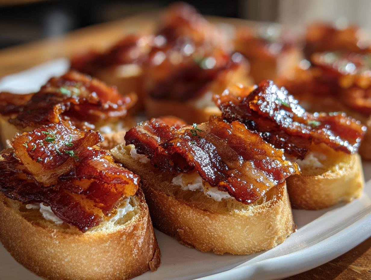 Close-up of Million Dollar Bacon Crostini appetizers on a white plate, featuring crispy bacon and creamy cheese on toasted bread.