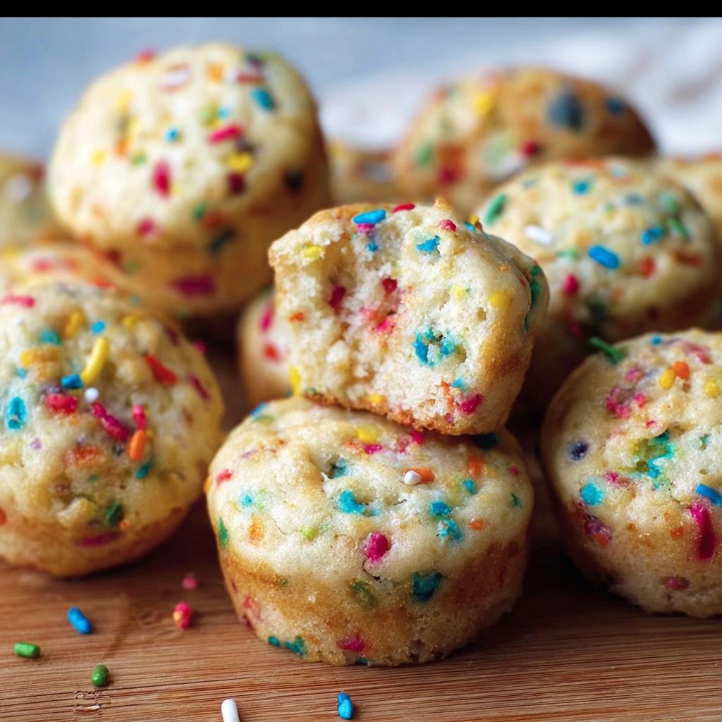 A stack of Mini Funfetti Yogurt Muffins, one with a bite taken out, showing colorful sprinkles.