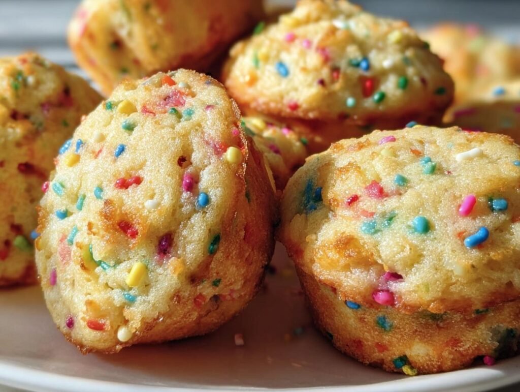Close-up of several Mini Funfetti Yogurt Muffins with colorful sprinkles on a white plate.