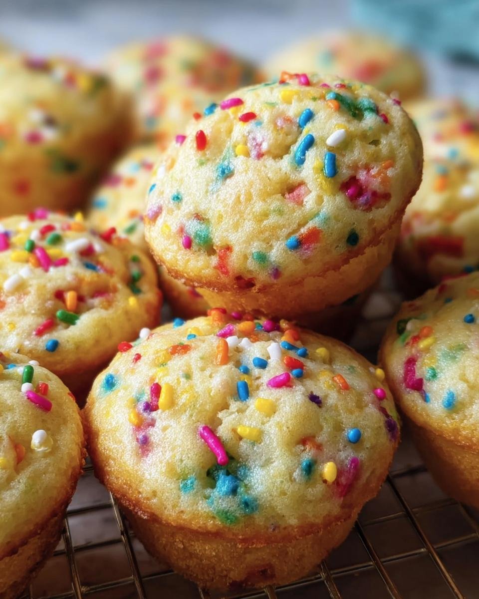 Close-up of Mini Funfetti Yogurt Muffins stacked on a wire rack, covered in colorful sprinkles.
