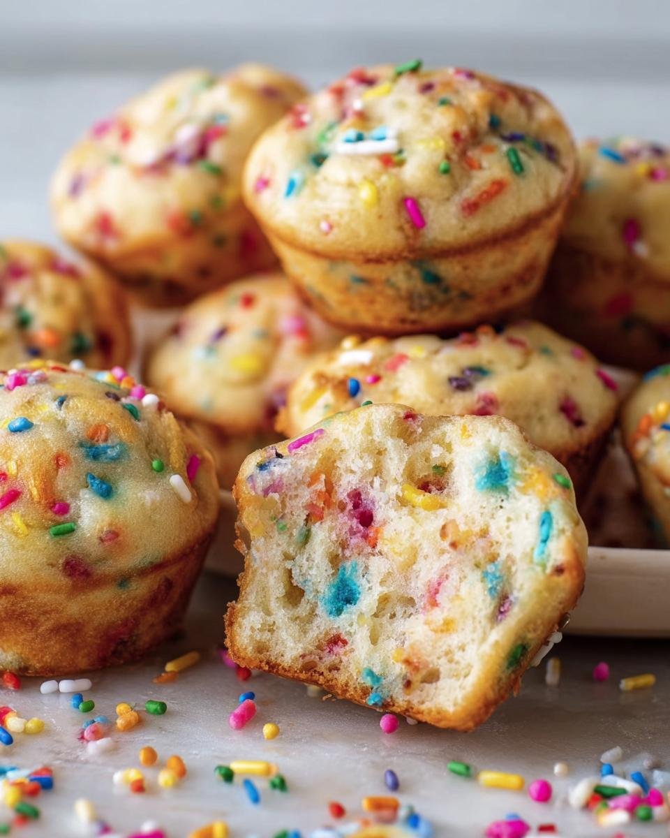 Close-up of Mini Funfetti Yogurt Muffins, one with a bite taken out, showing colorful sprinkles inside and out.