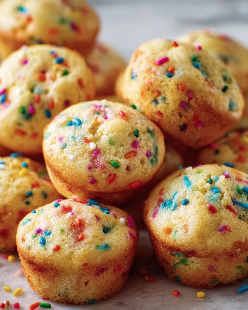A stack of freshly baked Mini Funfetti Yogurt Muffins, covered in colorful sprinkles.