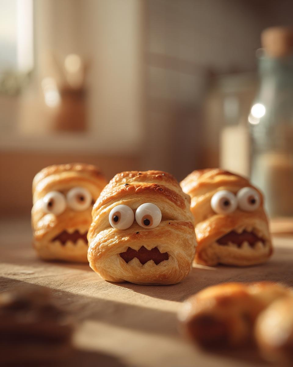 Close-up of three adorable Mini Mummy Bites (2025) with googly eyes and sausage mouths on a wooden surface.