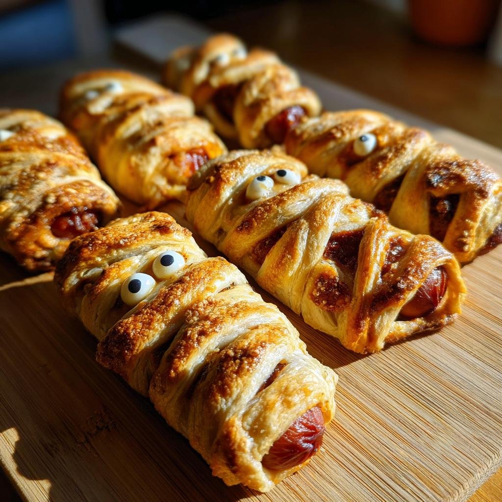 Close-up of several Mini Mummy Bites (2025) with pastry and candy eyes on a wooden board.