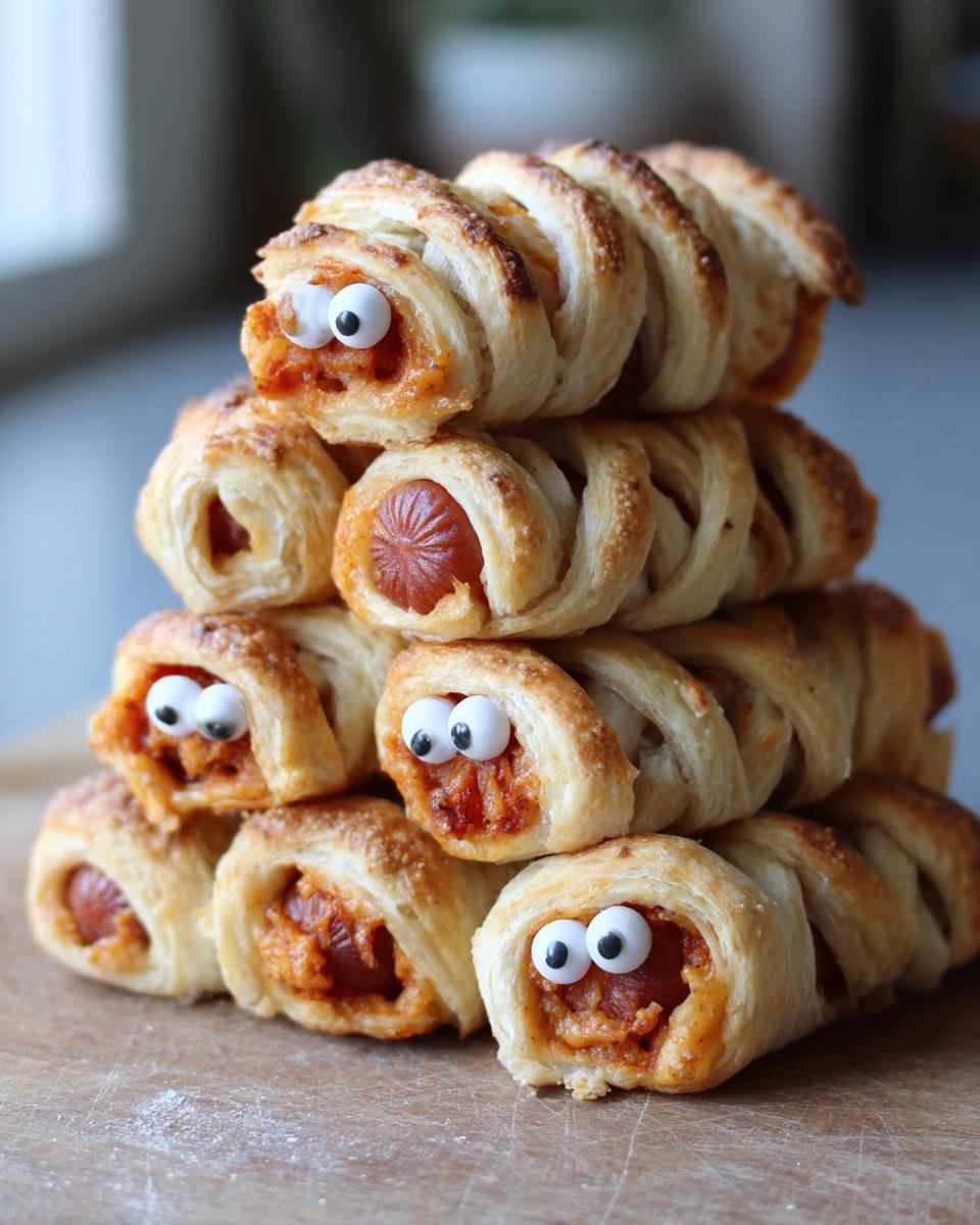A stack of adorable Mini Mummy Bites (2025), made with sausage, pastry, sauce, and candy eyes, on a wooden board.
