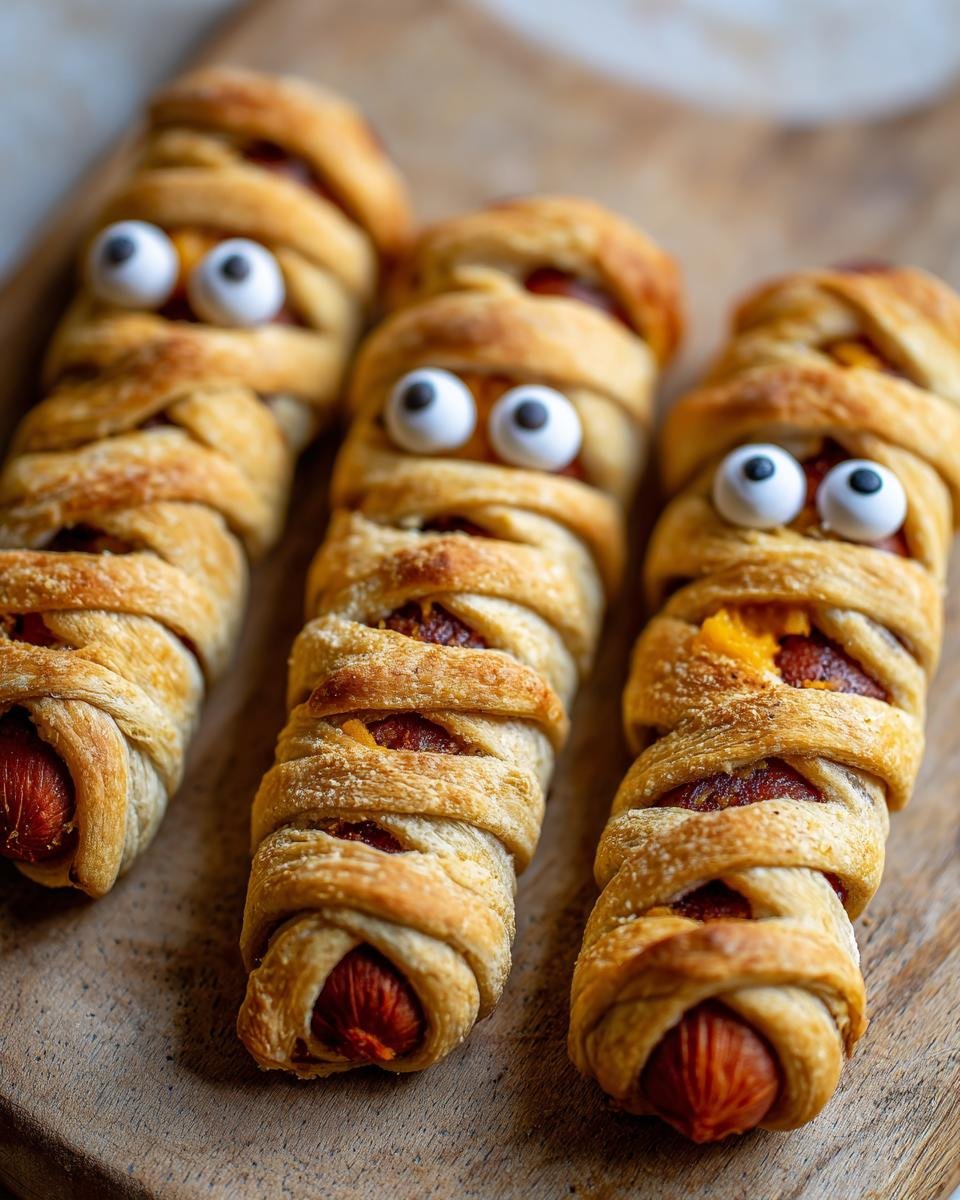 Three Mini Mummy Bites (2025) with googly eyes, wrapped in pastry on a wooden board.
