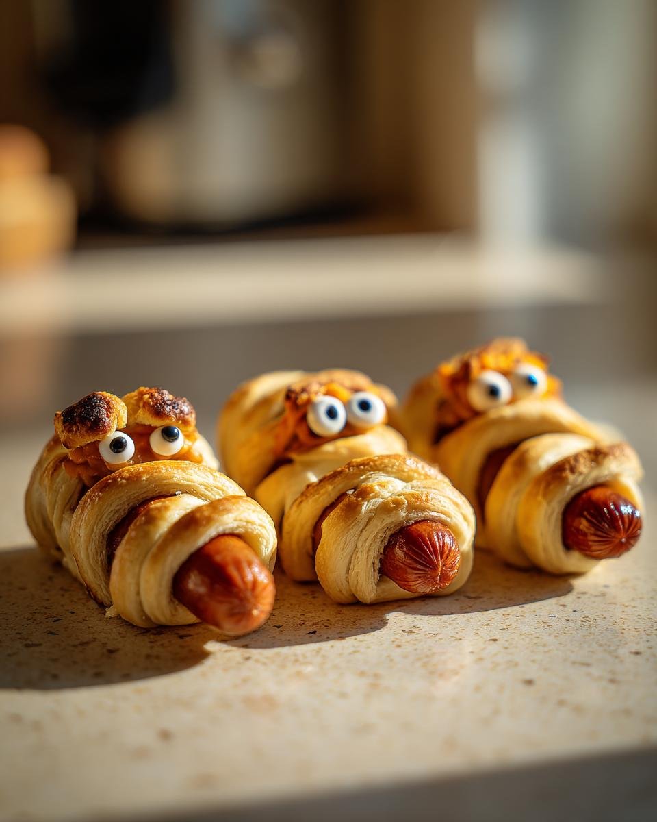 Three Mini Mummy Bites (2025) made with hotdogs wrapped in pastry and decorated with candy eyes.