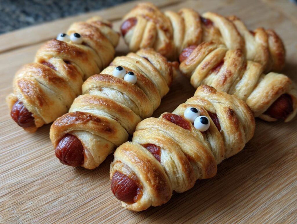 Several Mini Mummy Bites (2025) on a wooden cutting board, featuring sausage wrapped in pastry with candy eyes.
