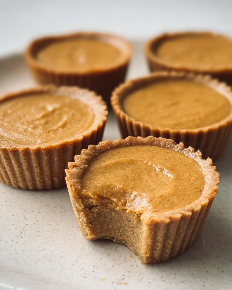 Close-up of Mini Pumpkin Pie Cups, one with a bite taken out, revealing the texture.