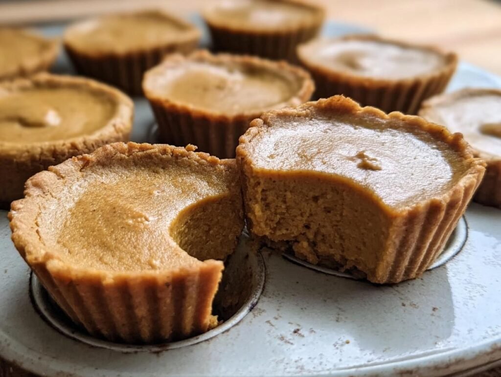 Close-up of Mini Pumpkin Pie Cups, one with a bite taken out, revealing the creamy filling.