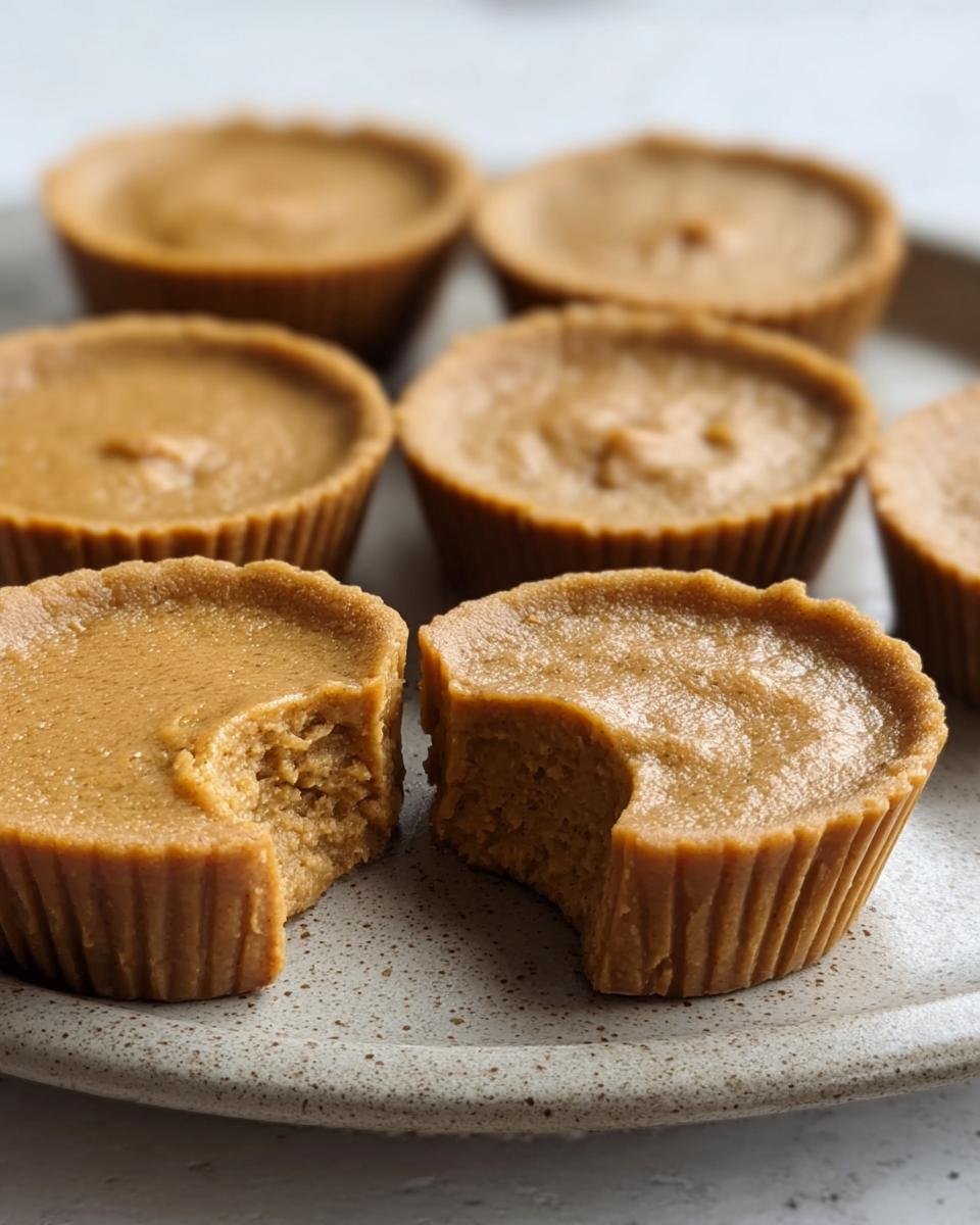 Close-up of mini pumpkin pie cups on a plate, one with a bite taken out to show the texture.