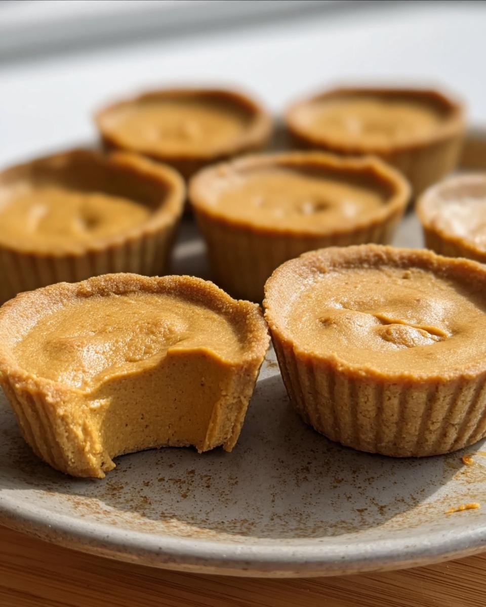 Close-up of mini pumpkin pie cups on a plate, one with a bite taken out, showcasing the crust and filling.