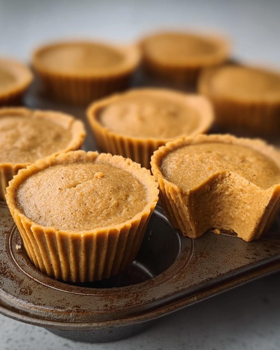 Close-up of mini pumpkin pie cups in a muffin tin, one with a bite taken out. Sweet treat.