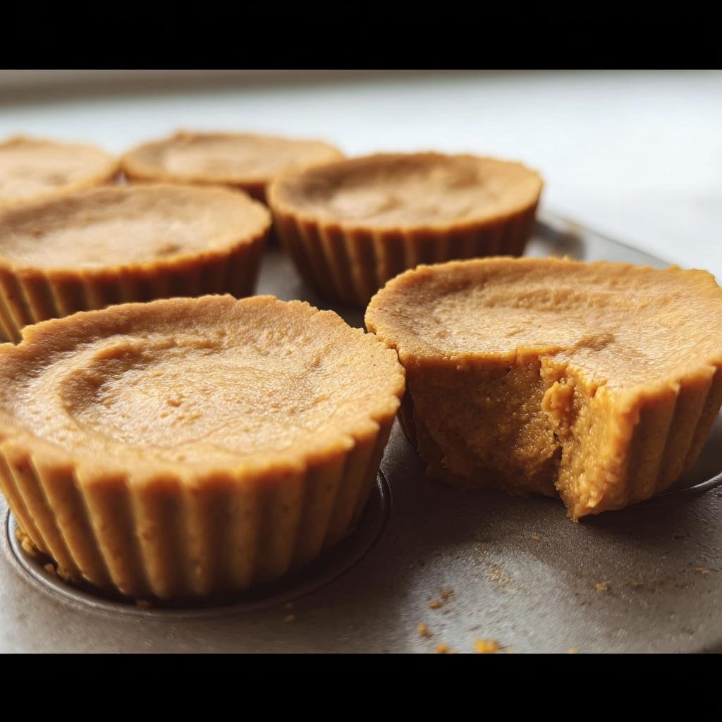 Close-up of freshly baked Mini Pumpkin Pie Cups in a muffin tin, one with a bite taken out.