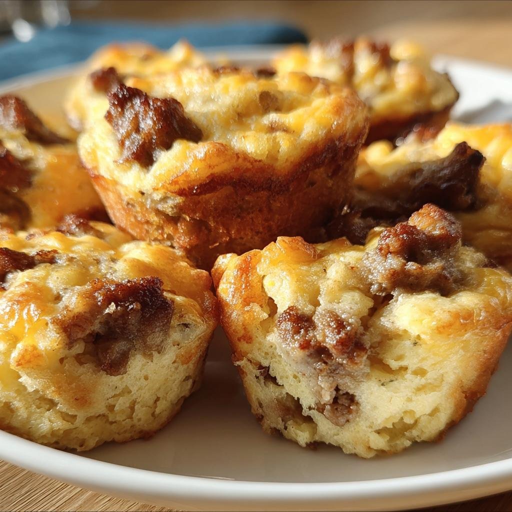 Close-up of golden brown Mini Sausage Pancake Muffins on a white plate.