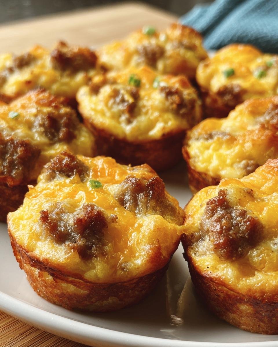 Close-up of a plate with several golden-brown Mini Sausage Pancake Muffins, topped with sausage and cheese.