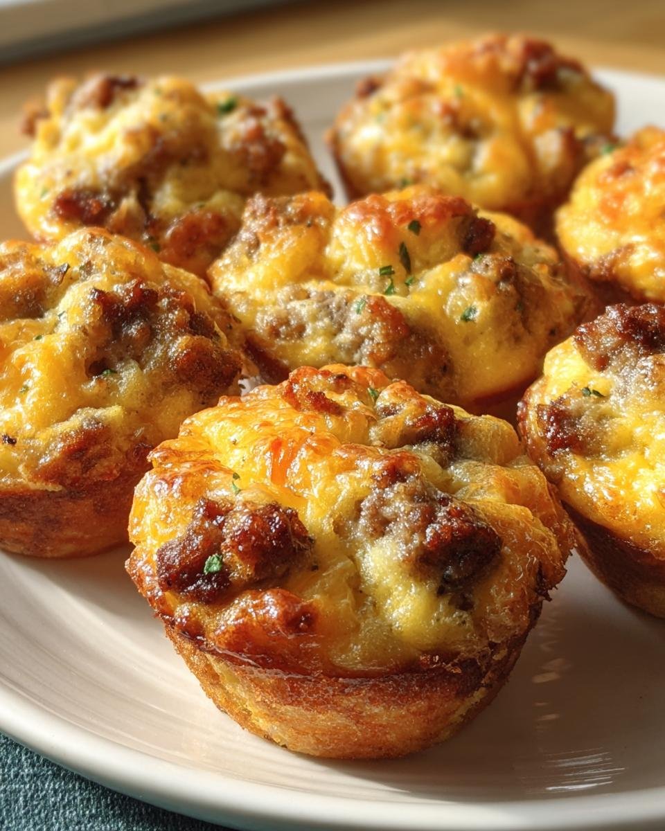 A plate of freshly baked mini sausage pancake muffins, golden brown and topped with sausage.