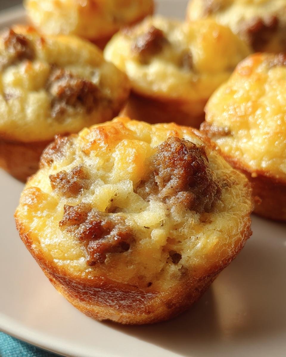 Close-up of Mini Sausage Pancake Muffins, showcasing the golden pancake and savory sausage.