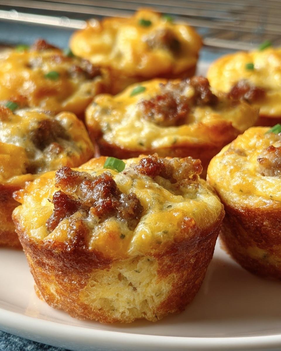 Close-up of several mini sausage pancake muffins on a plate, showcasing the sausage topping and golden-brown muffin base.