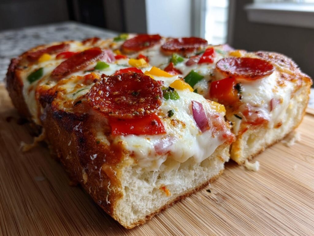 Close-up of Monster French Bread Pizza with melted cheese, pepperoni, and colorful bell peppers.