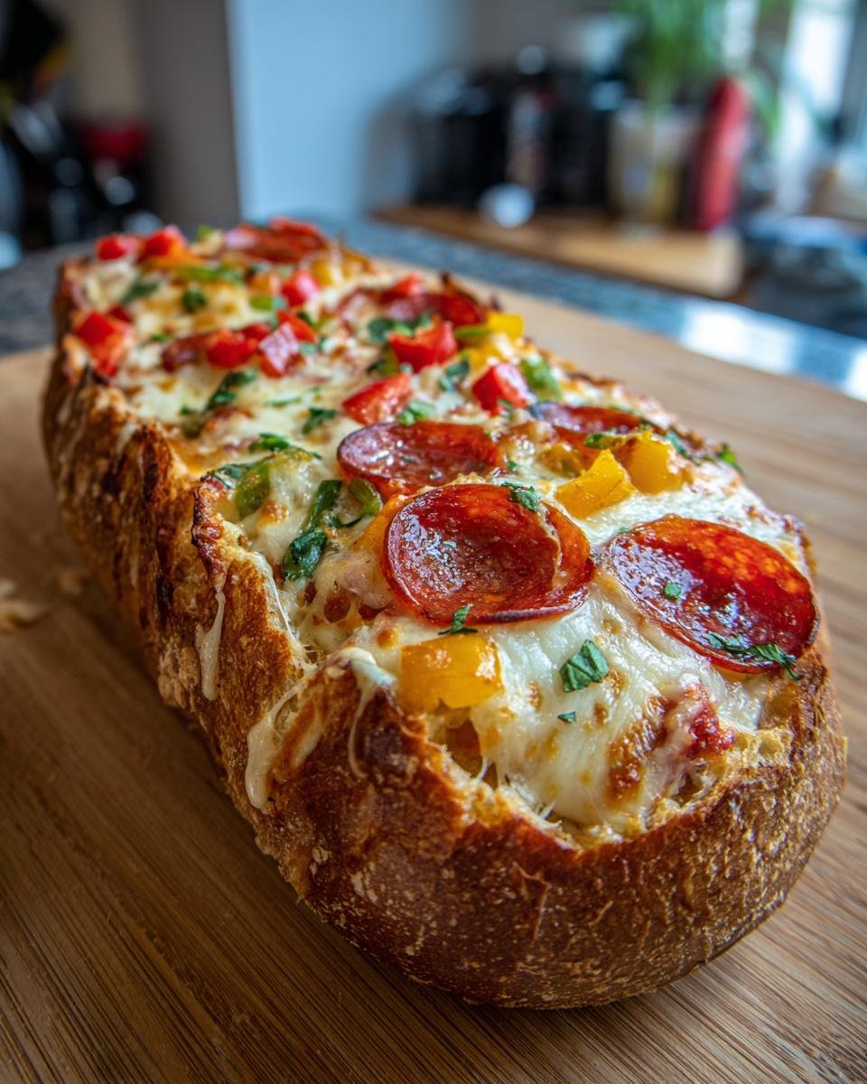 A delicious Monster French Bread Pizza loaded with pepperoni, peppers, cheese, and herbs on a wooden board.
