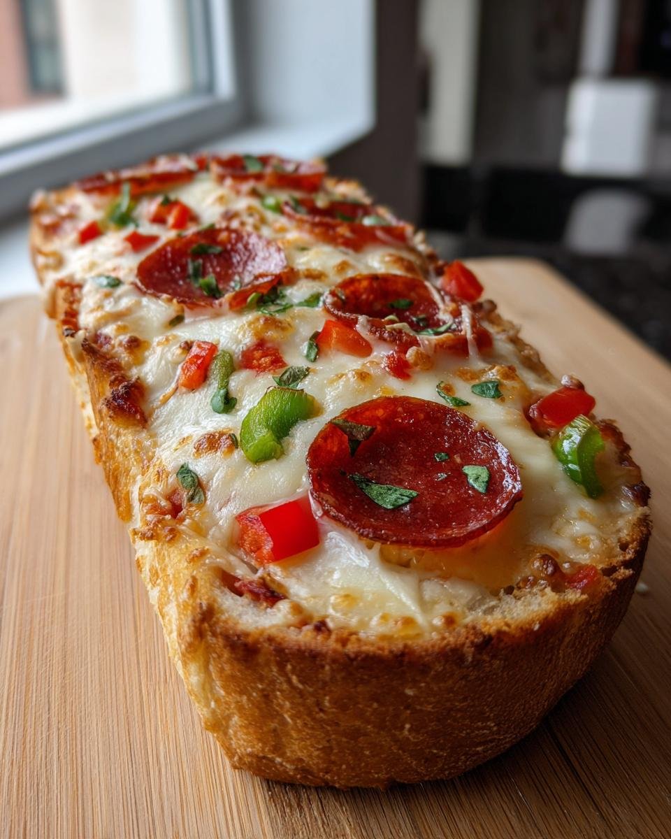 A delicious Monster French Bread Pizza topped with pepperoni, peppers, and melted cheese on a wooden board.