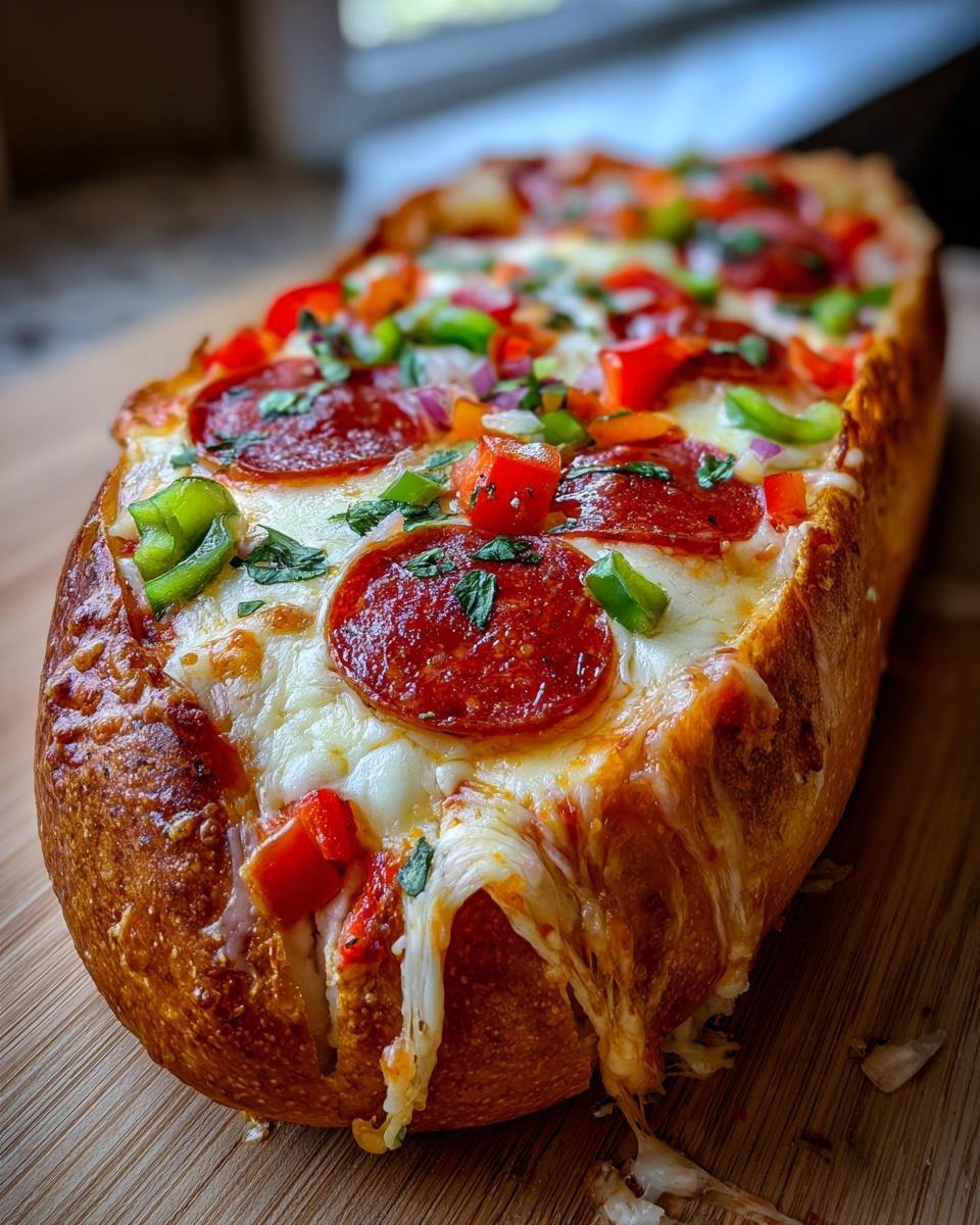 Close-up of a loaded Monster French Bread Pizza with pepperoni, peppers, and melted cheese.