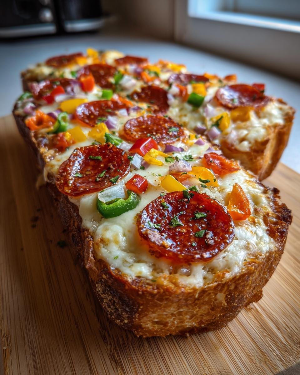 A delicious Monster French Bread Pizza topped with pepperoni, colorful bell peppers, and melted cheese.
