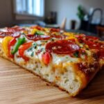 A close-up of a slice of Monster French Bread Pizza with pepperoni, peppers, and melted cheese.