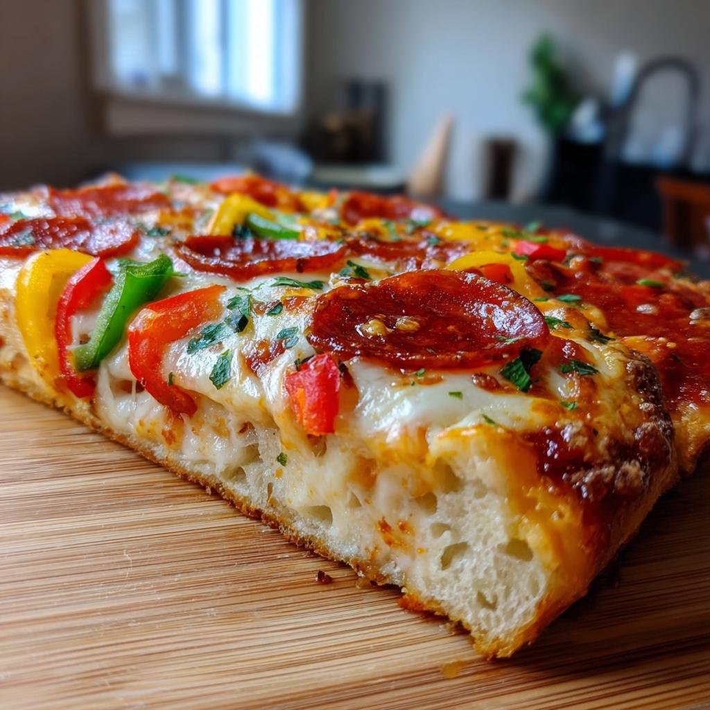 A close-up of a slice of Monster French Bread Pizza with pepperoni, peppers, and melted cheese.