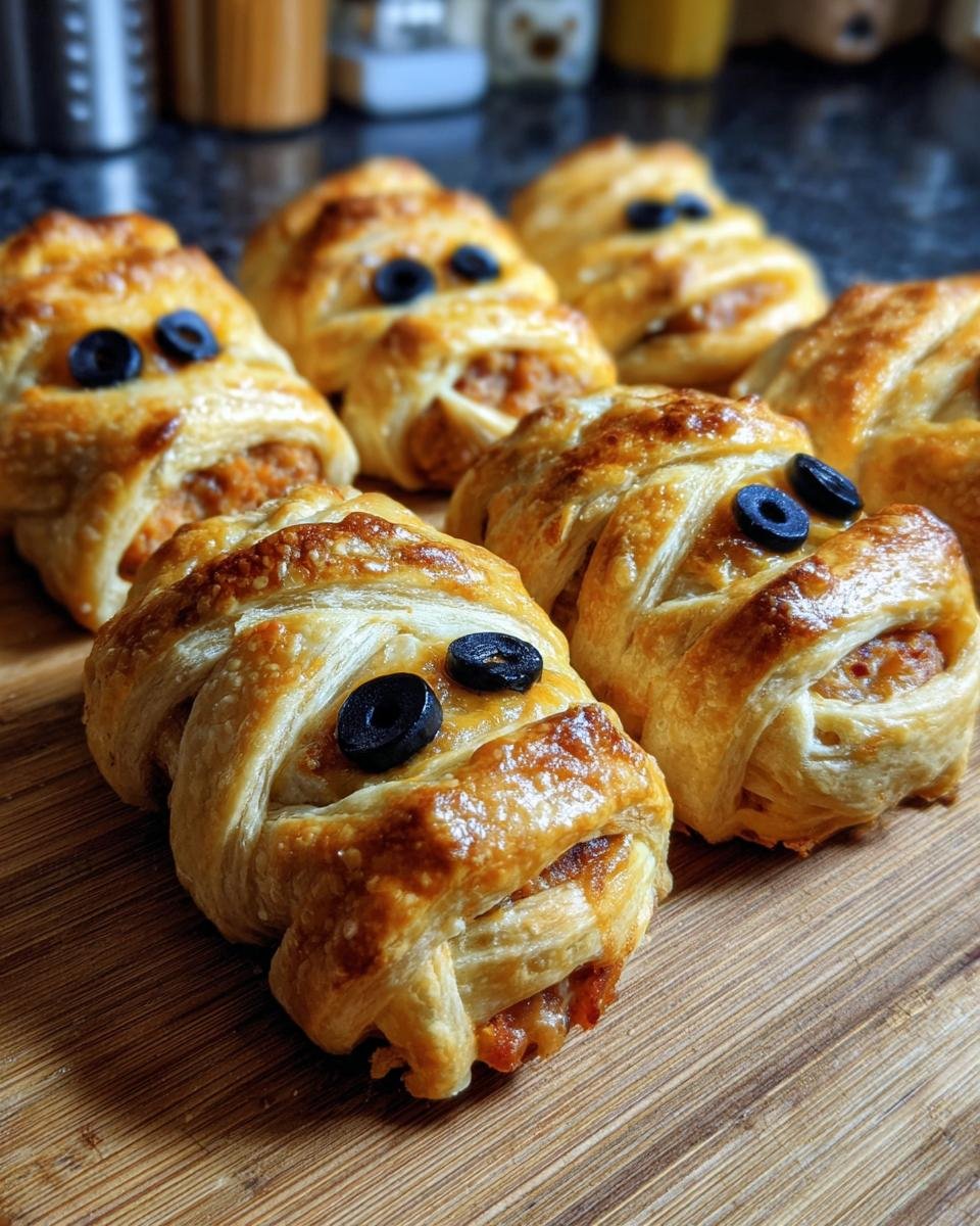 Close-up of several Mummified Meatballs on a wooden cutting board, decorated with olives for eyes.