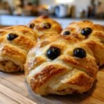 Close-up of Mummified Meatballs with pastry "bandages" and olive "eyes" on a wooden board.