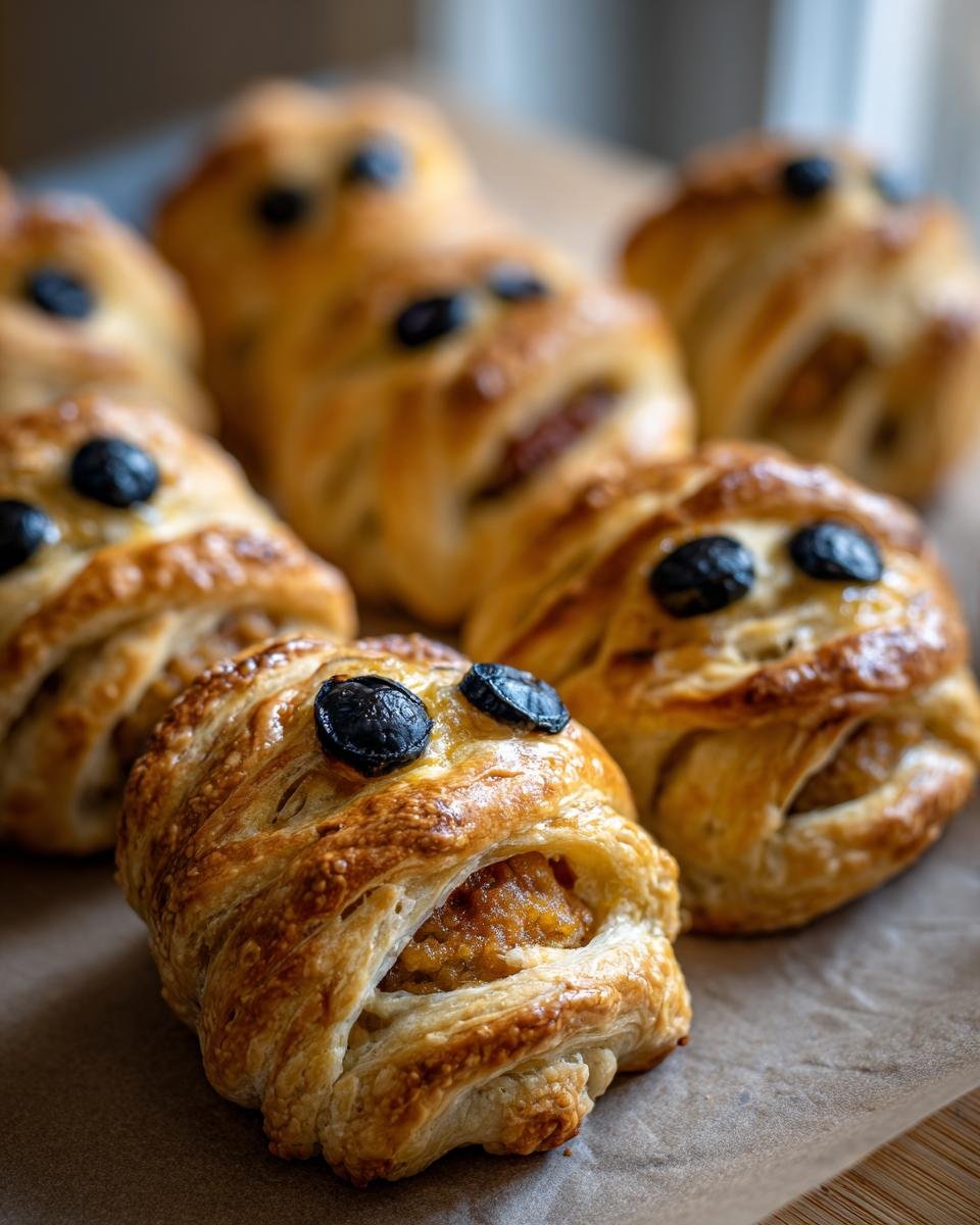 Close-up of Mummified Meatballs with pastry wrappings and olive eyes, perfect for Halloween.