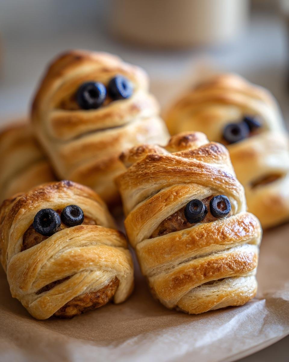 Close-up of Mummified Meatballs, wrapped in pastry and decorated with olive eyes for a Halloween treat.