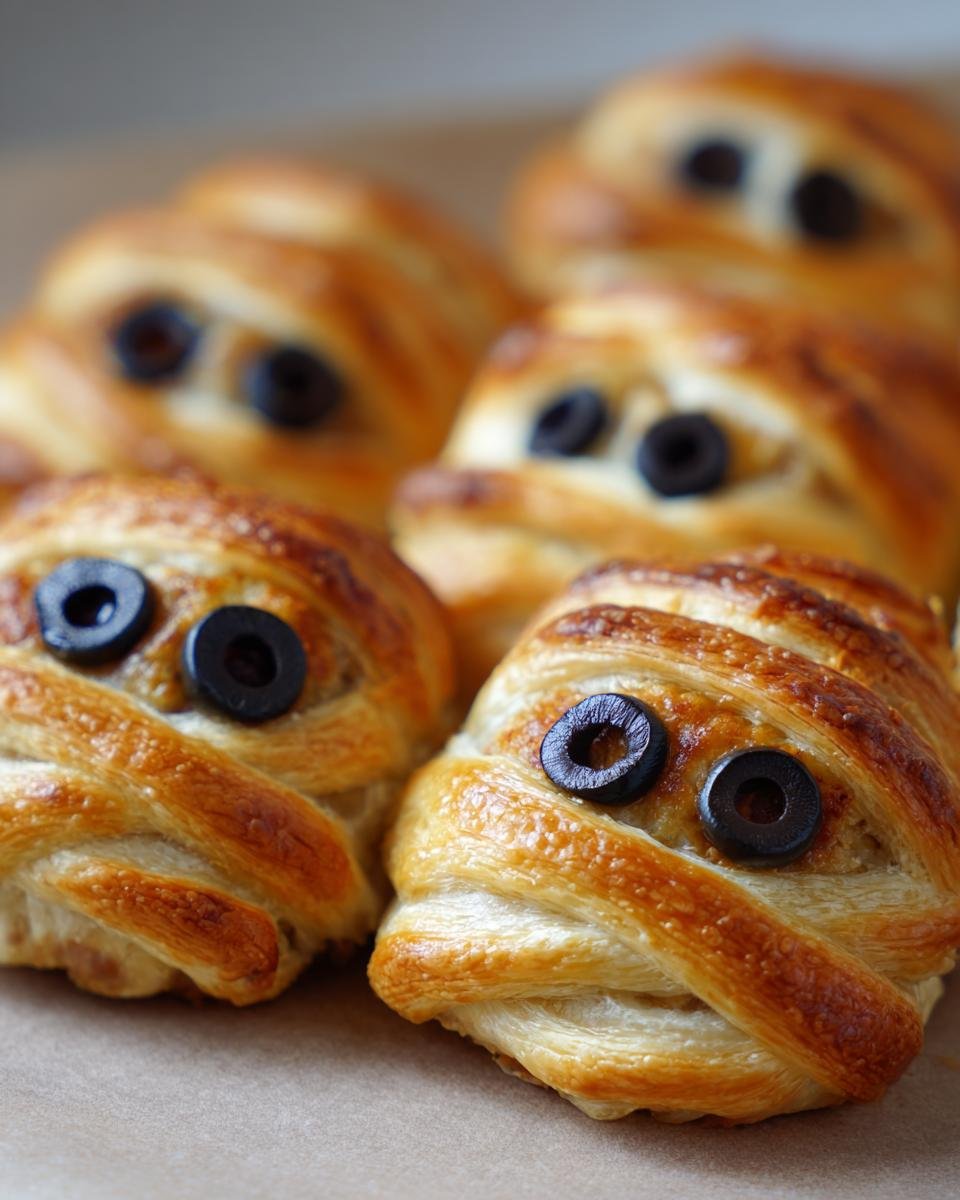 Close-up of several Mummified Meatballs, baked and decorated with olive eyes for a Halloween treat.