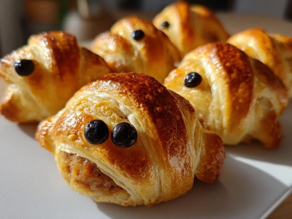 Close-up of Mummified Meatballs, baked in pastry with olive eyes, ready to eat.