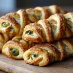 Close-up of Mummy Jalapeño Poppers (2025) arranged on a wooden board, showing the pastry 'bandages' and olive 'eyes'.
