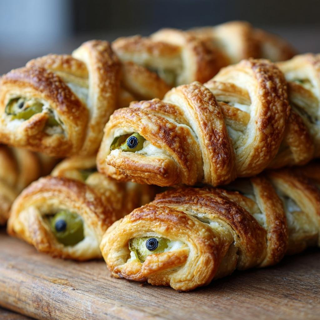 Close-up of Mummy Jalapeño Poppers (2025) arranged on a wooden board, showing the pastry 'bandages' and olive 'eyes'.
