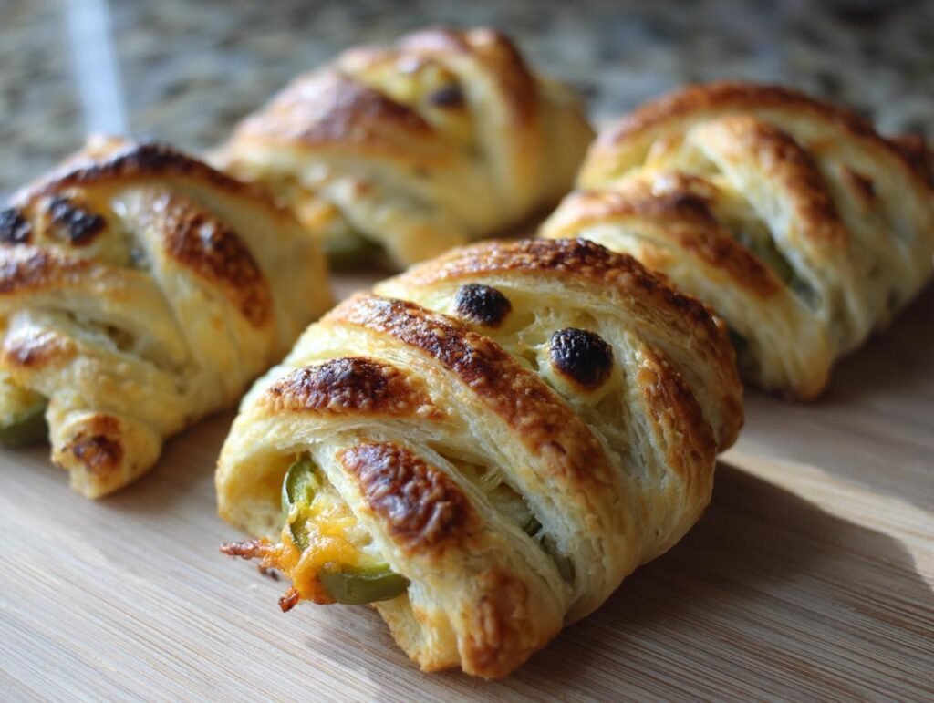 Close-up of Mummy Jalapeño Poppers (2025) with pastry "bandages" and filling oozing out.