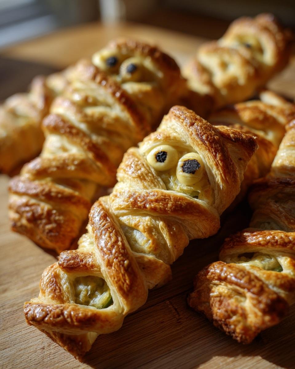 Close-up of Mummy Jalapeño Poppers (2025) baked to golden perfection with olive eyes on a wooden board.