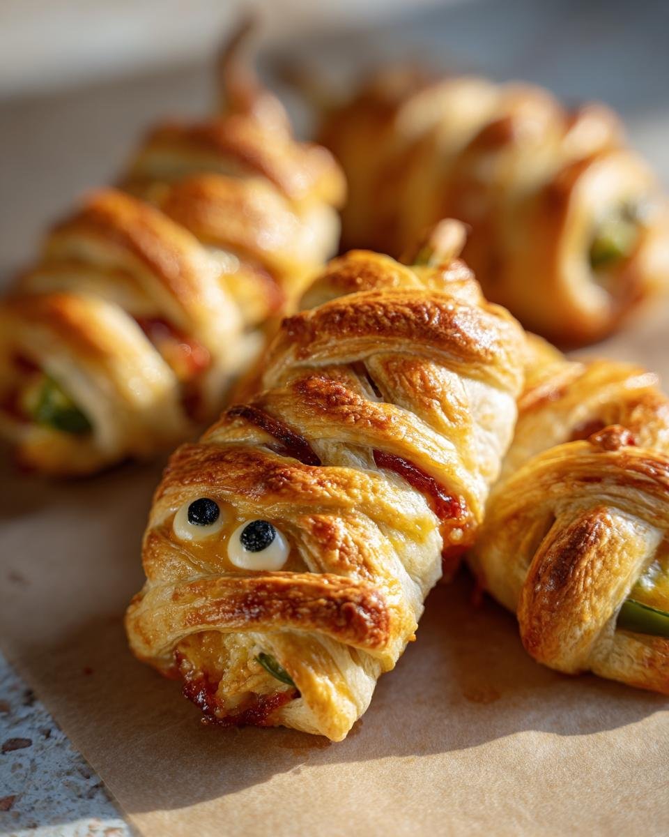 Close-up of Mummy Jalapeño Poppers (2025) with pastry 'bandages' and candy eyes on a baking sheet.